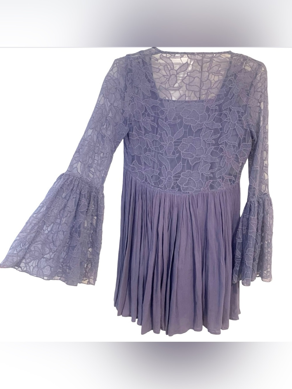 Free People "With Love From India"Periwinkle Lace Bell Sleeve Mini Dress Size XS - Picture 3 of 9